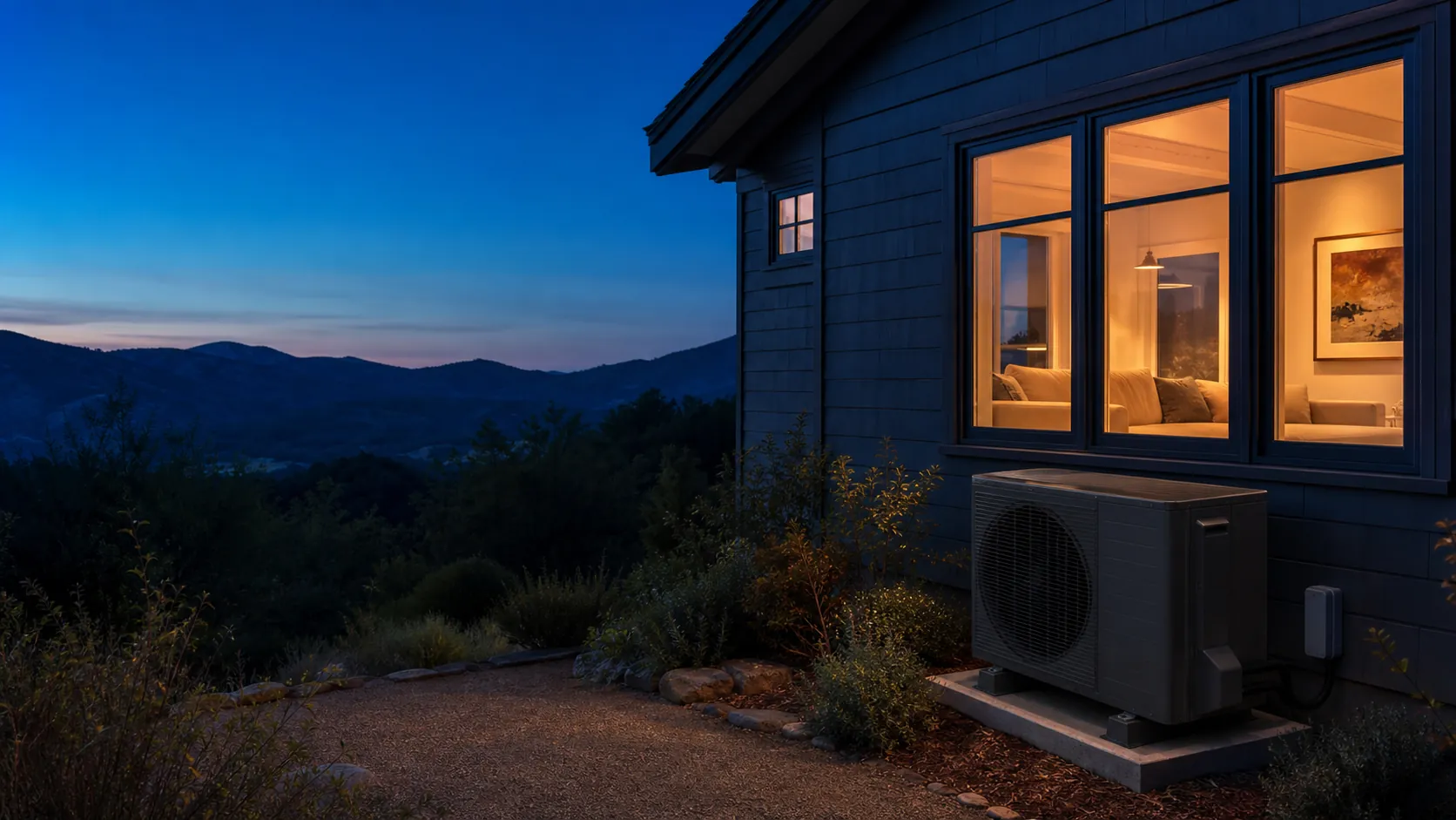 A North Bay home at dusk with warm window light and a modern outdoor heat pump unit running quietly beside it.