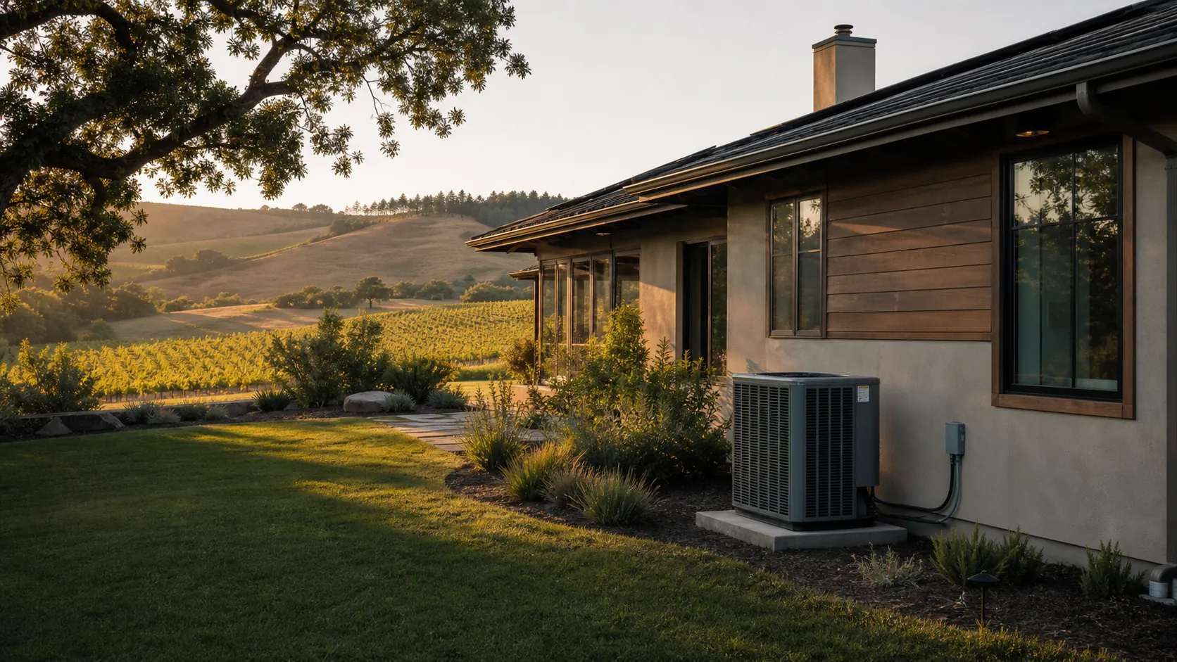 A California ranch-style home on the edge of Sonoma wine country at golden hour, with a modern outdoor HVAC condenser installed beside it and rolling vineyard hills behind.