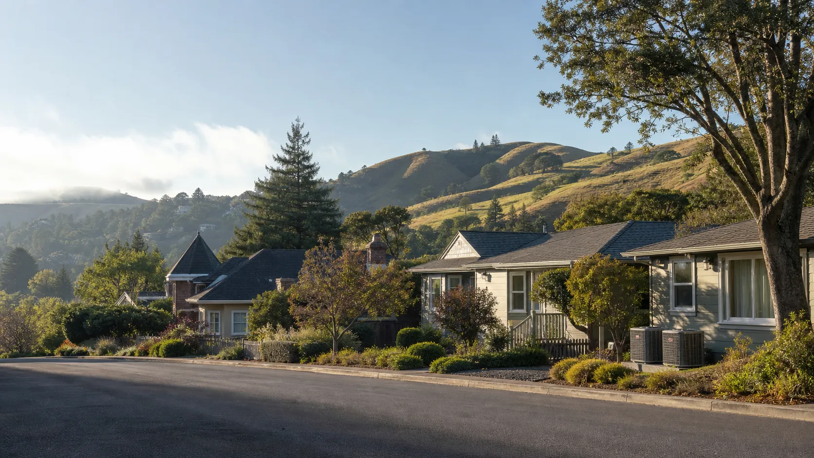 A tree-lined residential street of North Bay homes with rolling California hills in the background on a clear morning.